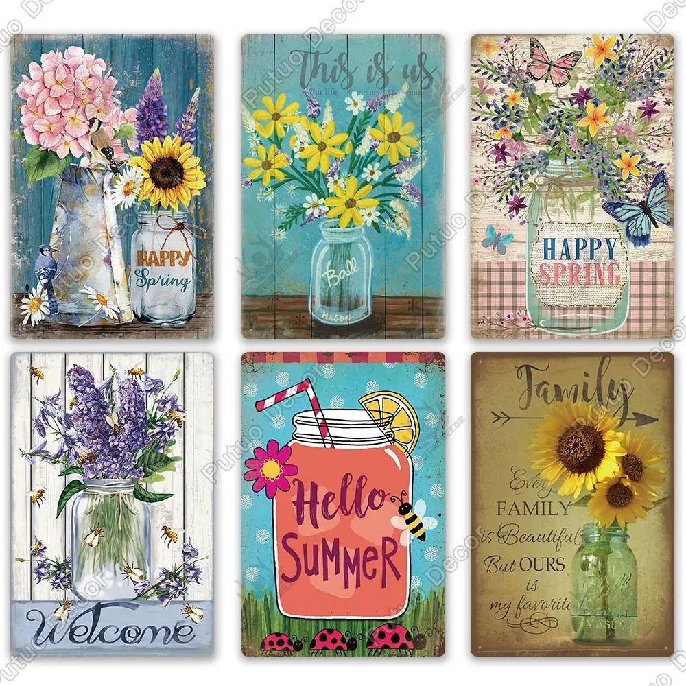 Putuo Decor Mason Jar Flower Vintage Tin Sign Retro Sunflower Metal Signs for Farmhouse Decor Home Garden Living Room Wall Decor