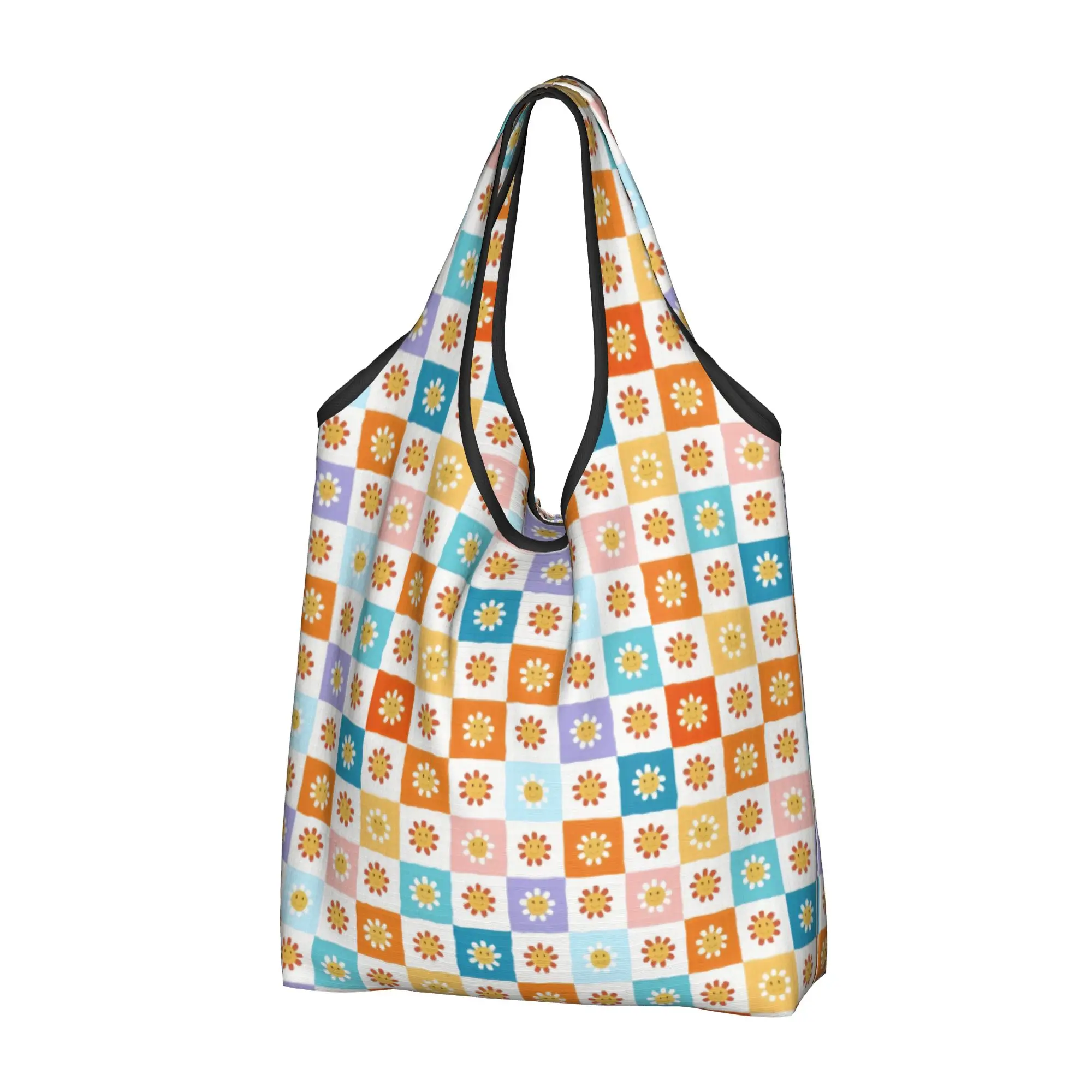 Funny Sunflower Daisy on Playful Smiley  Shopping Tote Bags Portable Checkerboard  Groceries Shoulder Shopper Bag
