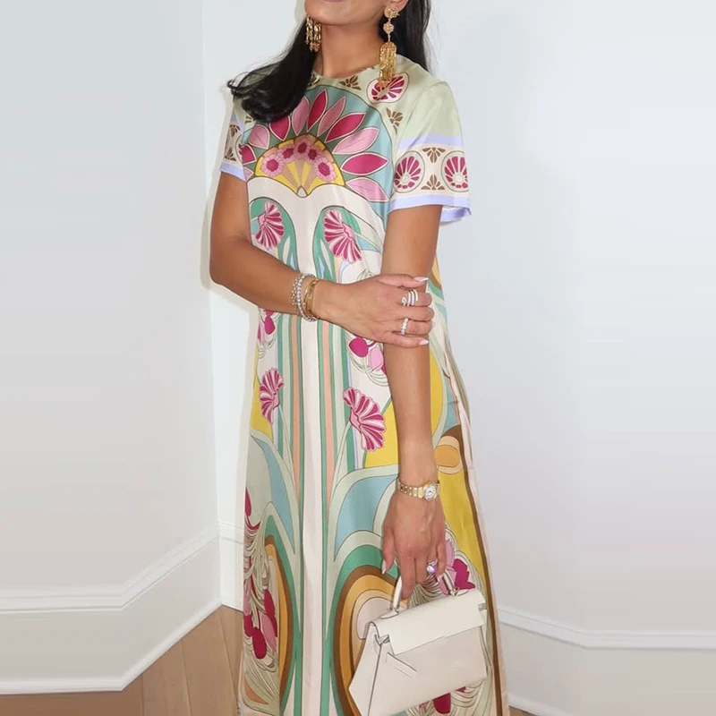Women Art Floral Print Crew Neck Short Sleeve Maxi Dress Feather Hem Loose Long Dress Elegant Holiday Beach Casual Summer Dress