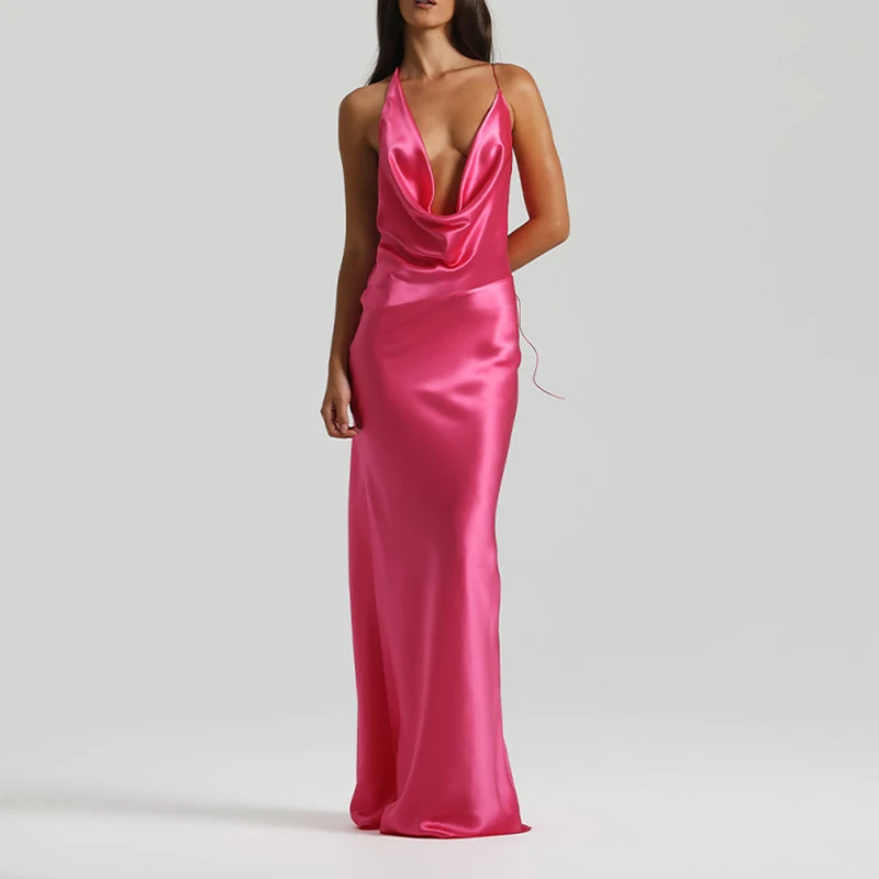 Vestido largo liso sin mangas y espalda descubierta para mujer, vestidos de fiesta ajustados con cintura sin espalda, vestido elegante con tirantes de satén y cuello en V