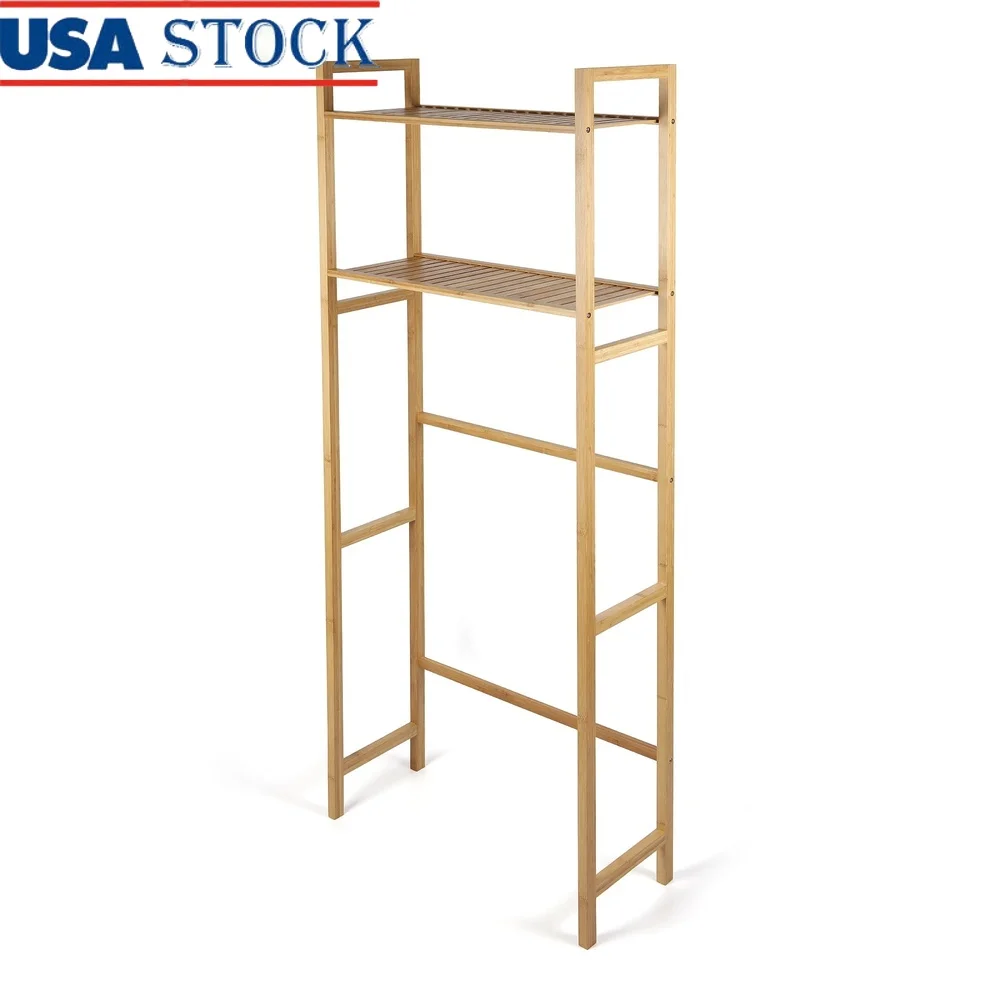 

Бамбуковый органайзер для ванной комнаты, экономия места над унитазом, 2 полки, отдельно стоящий органайзер для хранения, регулируемый для внутреннего использования, емкость 6 фунтов