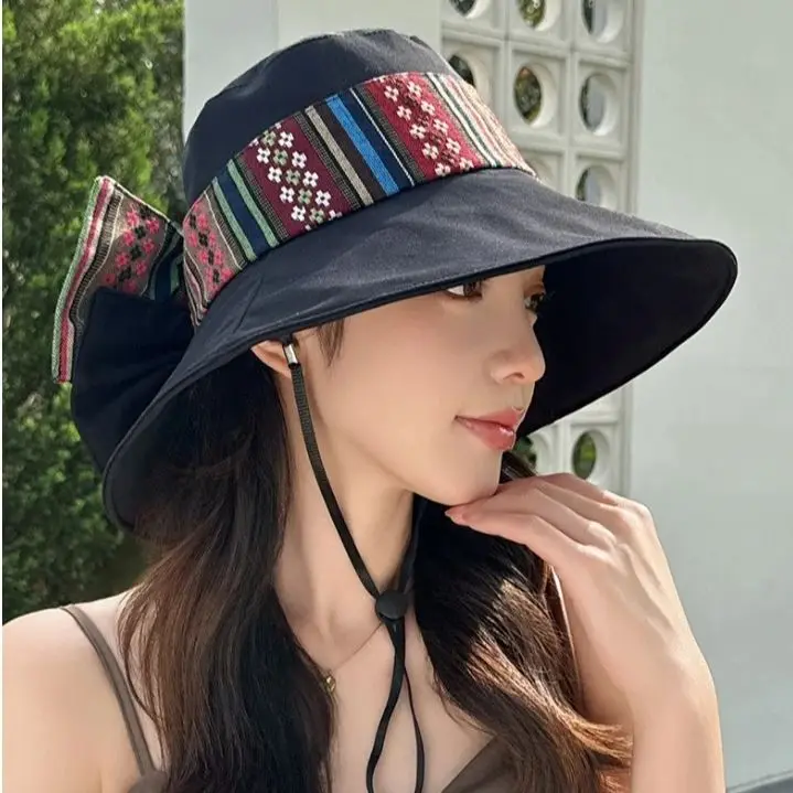 Ethnic Wind Fisherman's Hat Children's Collapsible Large-brimmed Sun Hat Fashion Travel Vacation Cycling Sunscreen Sun Hat Bow