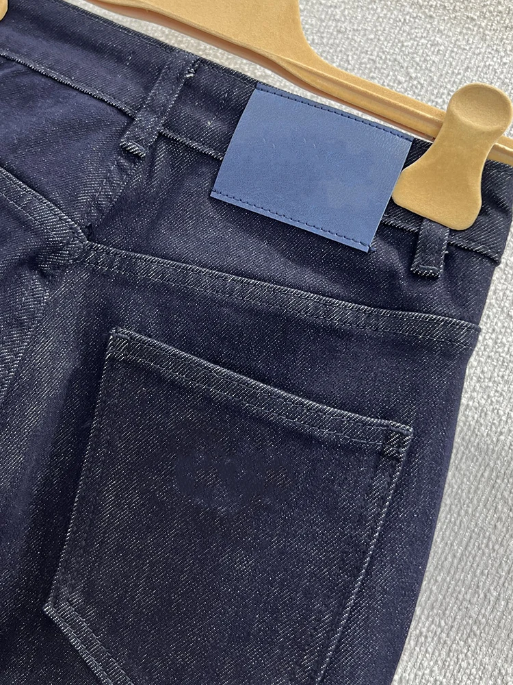 Jeans casual da donna blu navy moda primavera e autunno, nuovi jeans lavorati a maglia tinta unita a gamba dritta