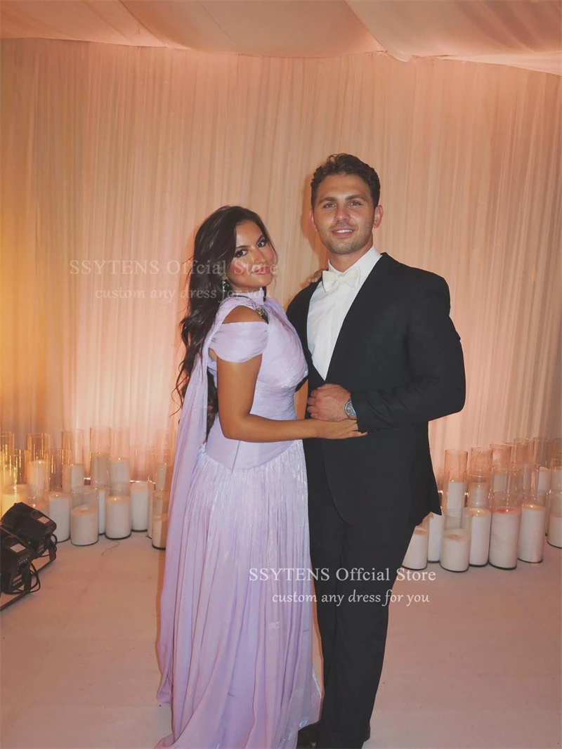 Gaun Malam Panjang Satin Sutra Lilac SSYTENS Tanpa Lengan Model A-Line Gaun Prom Arab Saudi dengan Selendang Gaun Prom Formal Dapat Disesuaikan