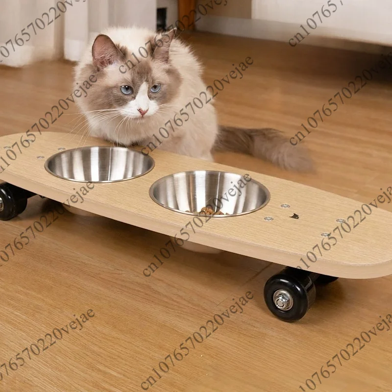 Skateboard double bowl, solid wood bowl rack, anti-knock stainless steel cat food basin, drinking bowl