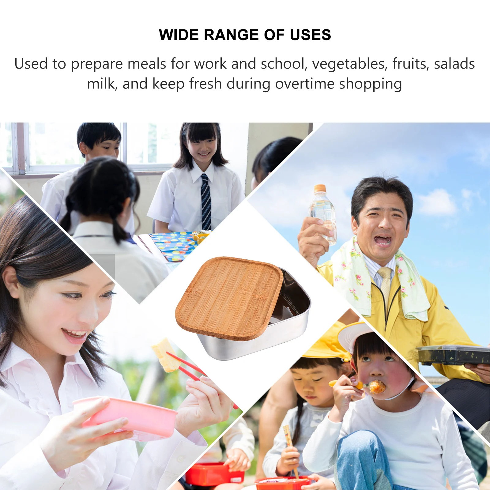 

1Pcs Stainless Steel Lunchbox Leakproof Portable Bento Box Wooden Lid Divided Food Container School Office Picnic Reusable