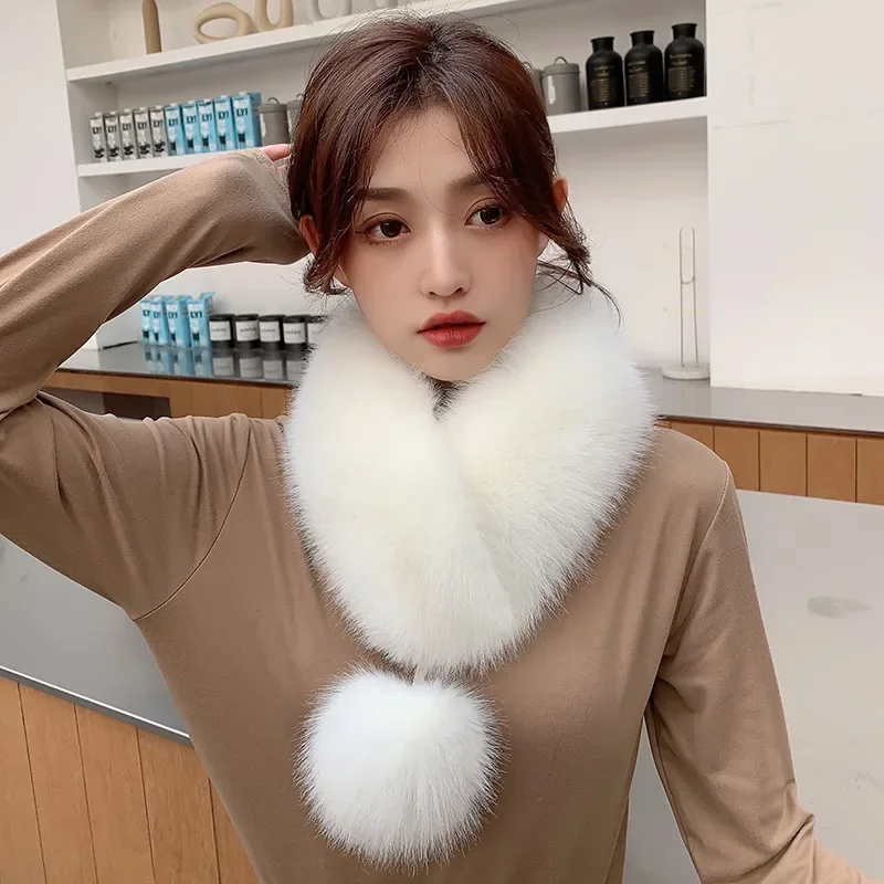 Women Faux Fur Scarf Winter Fluffy Faux Fox Fur Neck Warmer with Pom Pom
