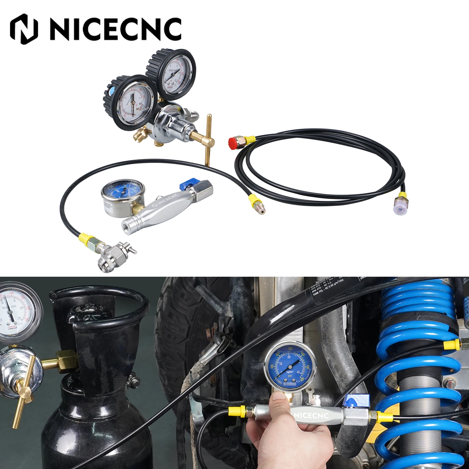 Kit de herramientas de llenado de choque de nitrógeno, regulador de nitrógeno de 600PSI para Yamaha KTM Honda Suzuki Kawasaki BMW Polaris RZR Raptor ATV UTV CanAm