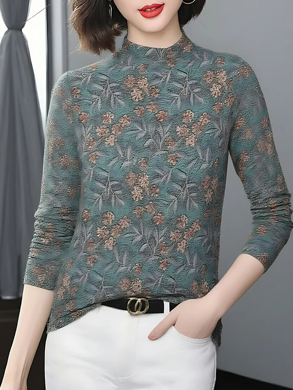 

Elegant Half High Collar Long Sleeve Printed T-Shirt Women's Slimming Age-defying Top Polyester Fiber Warm Casual Wear