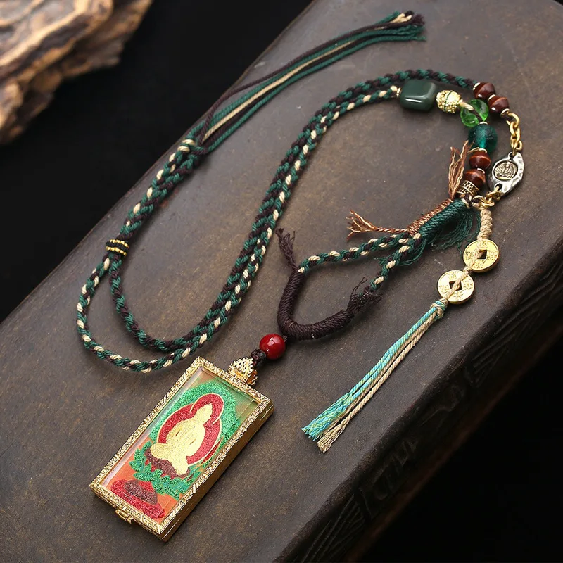 

Tibetan style gold depicting no-phase Buddha thangka pendant jumper chain glazed alashan accessories hand-woven rope necklace