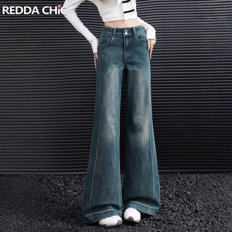 

Женские джинсы ReddaChic с эффектом потертости, расклешенные, повседневные, с двойной застежкой на пуговицах, широкие штанины, высокая талия, однотонные, в уличном винтажном стиле, брюки-клеш