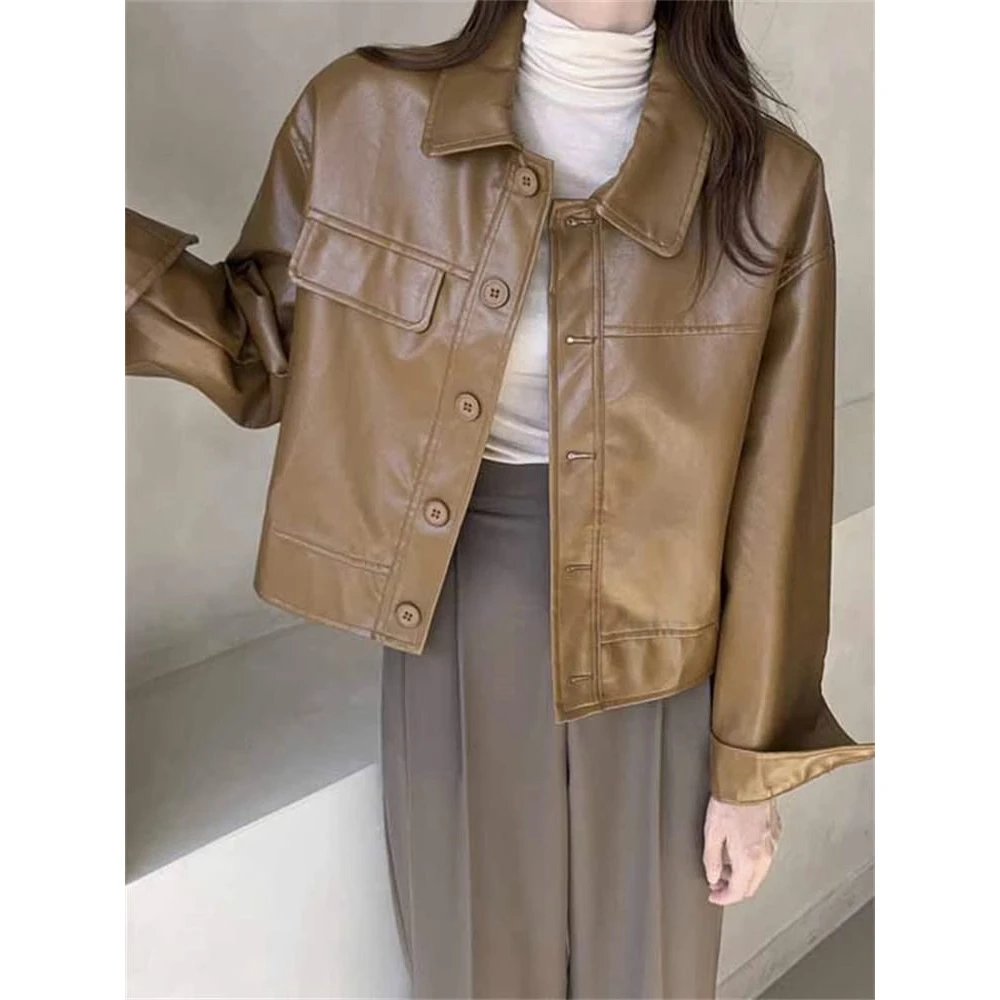 Women's Biker Style Loose Long Sleeve Leather Jacket Spring Autumn Korean Version Short Size Small High End Feeling Coat