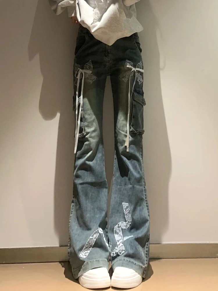 

High Waist Bell Bottom Denim Jeans Women's Lace Knot Retro American Style plus Size Slimming Trendy Autumn New Arri...