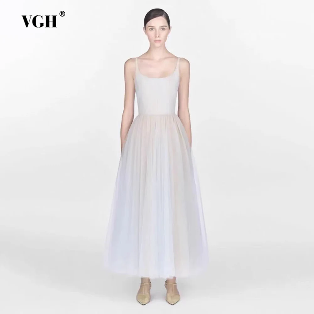 VGH Elegant Fresh Gradient Slimming Dresses For Women Square Collar Sleeveless High Waist Sweet Long Dress Female Fashion New