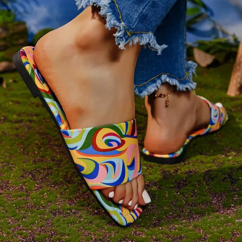 Women Print Flower Color Slippers Flats Flip Flops Summer Beach Dress Sandals Designer New Casual Slides Zapatillas Mujer