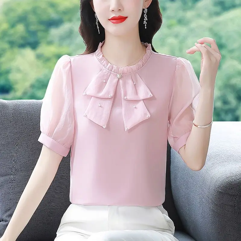 Summer Women\'s Clothing Solid Color Pullover Round Neck Chiffon Lantern Short Sleeve Beaded T-shirt Elegant Casual Korean Tops