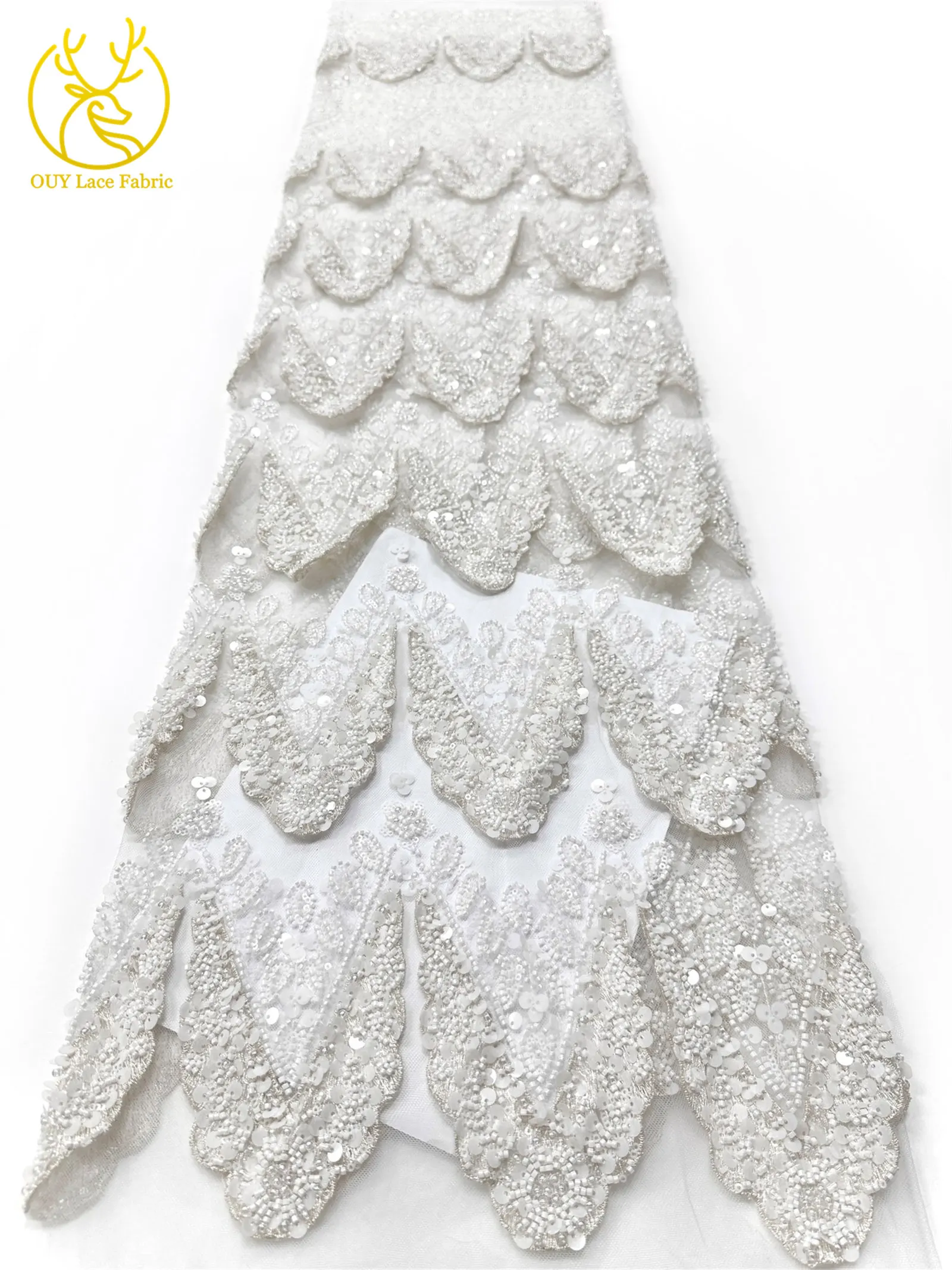 Hochwertiger luxuriöser französischer 3D-handbestickter Perlen-Spitzenstoff, 5 Yards, afrikanischer nigerianischer Pailletten-Spitzenstoff für Braut- und Partykleider – Detail 9