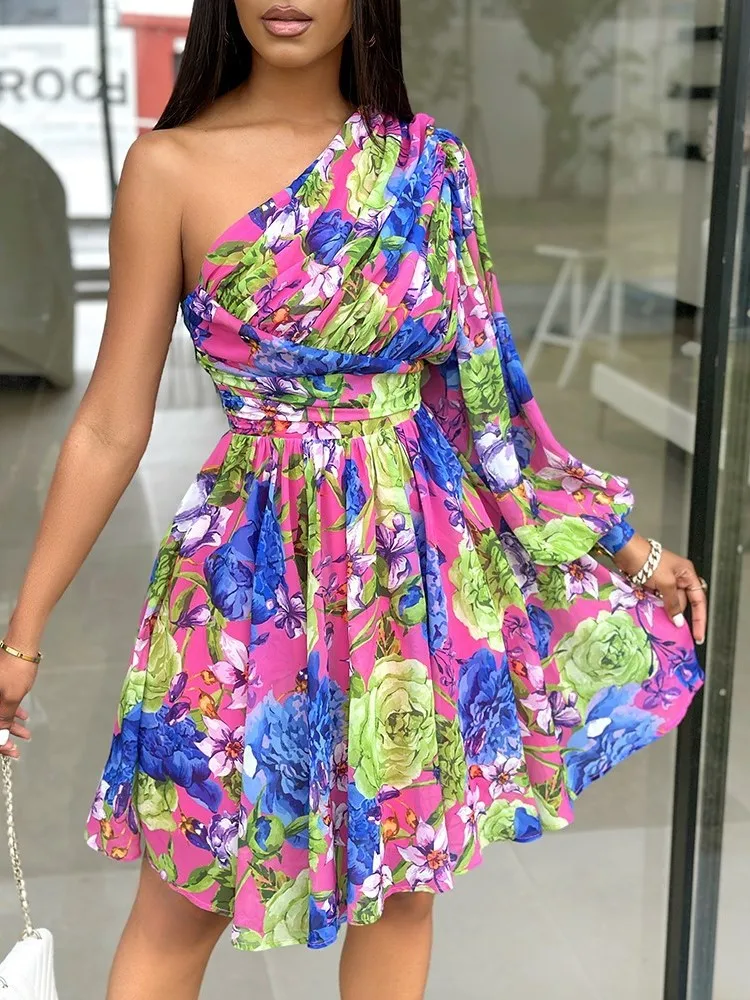 Nuovo Boho Stampa Abito da donna Primavera Moda Sexy con spalle scoperte Ufficio Elegnat Abiti casual Abito da festa femminile Robe Femme