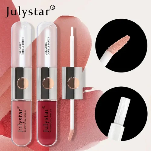 Imagen 2 del producto Julystar nuevo juego de aceite de labios de brillo de labios de doble cabeza 9 colores mate hidratante impermeable 2 en 1 lápiz labial líquido esmalte de labios de moda 6ml