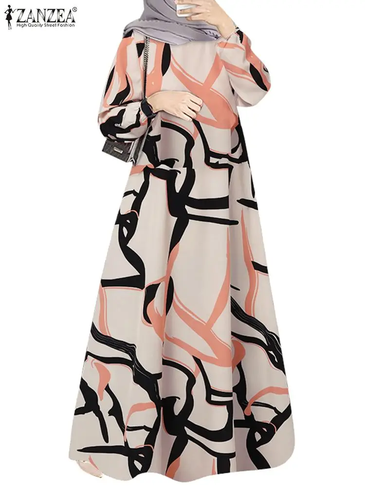 ZANZEA Muslim Fashion Loose Abaya Robes Printing Women Long Sleeve Islamic Long Dresses Elegant Casual O Neck A-line Vestidos