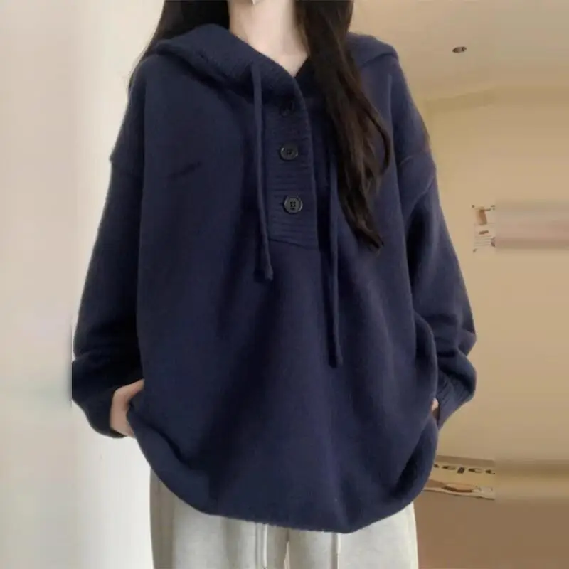 

Синяя толстовка с капюшоном для женщин, осень и зима 202, новый стиль, ленивый стиль, элитные свободные корейские вязаные топы