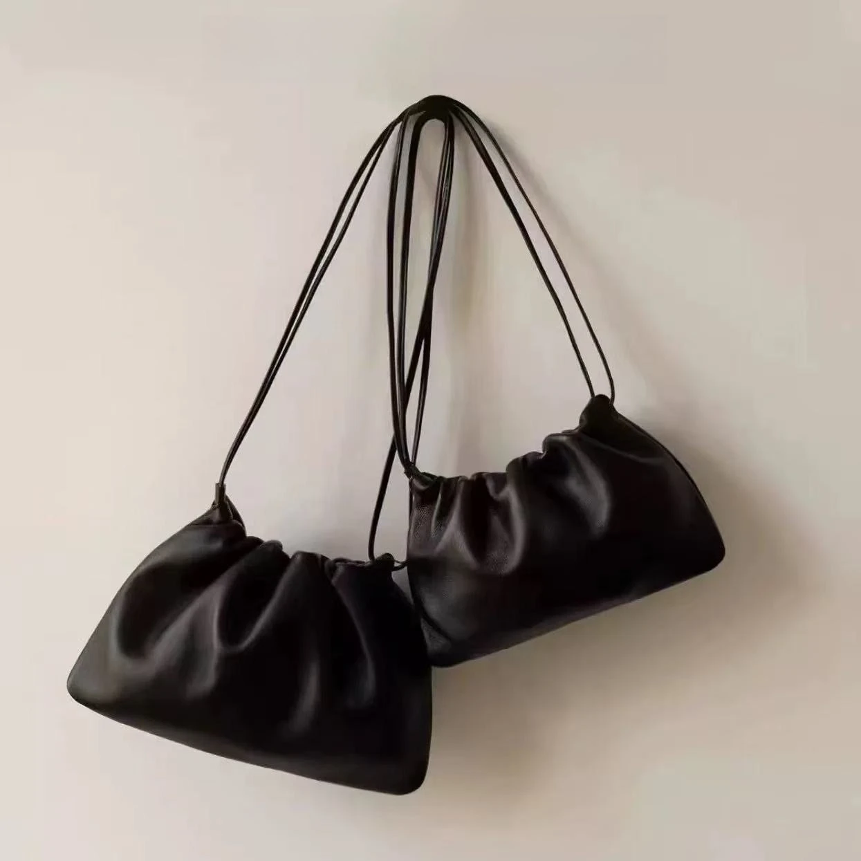 

Women Soft Lambskin Cloud Shoulder Bag, Minimalist Drawstring Ruched Crossbody Purse, Slim Thin Strap Casual Handbag for Daily