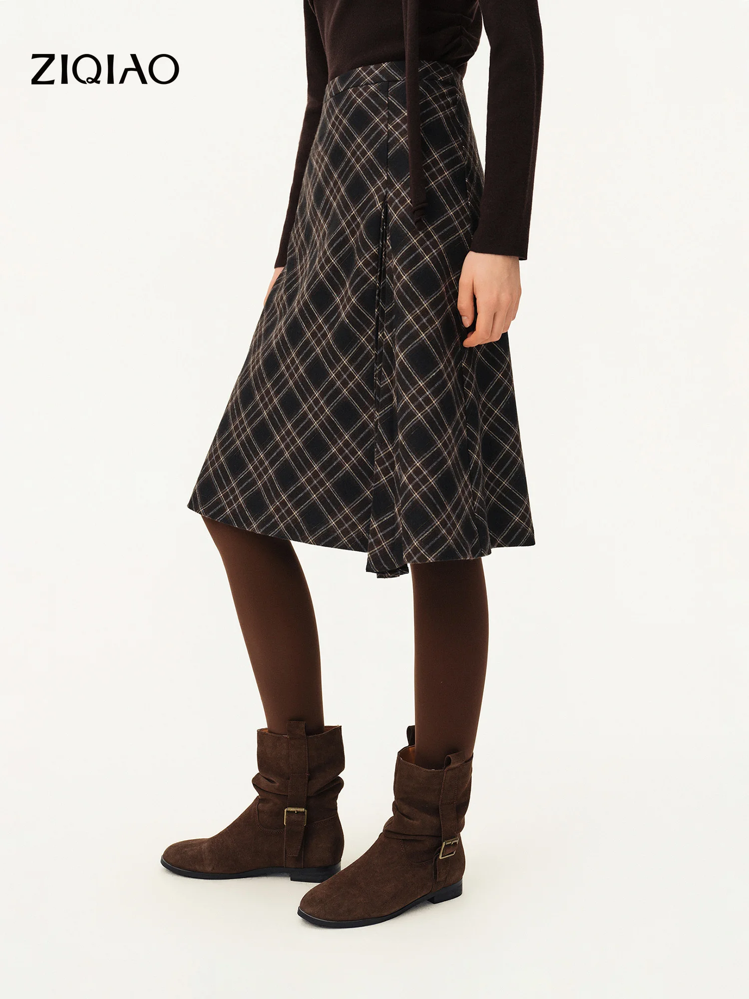 ZIQIAO New Arrival Insert Pleated A-line Skirt Long Mid-length Checkered Midi Skirt for Women Office Lady Casual Versatile Skirt