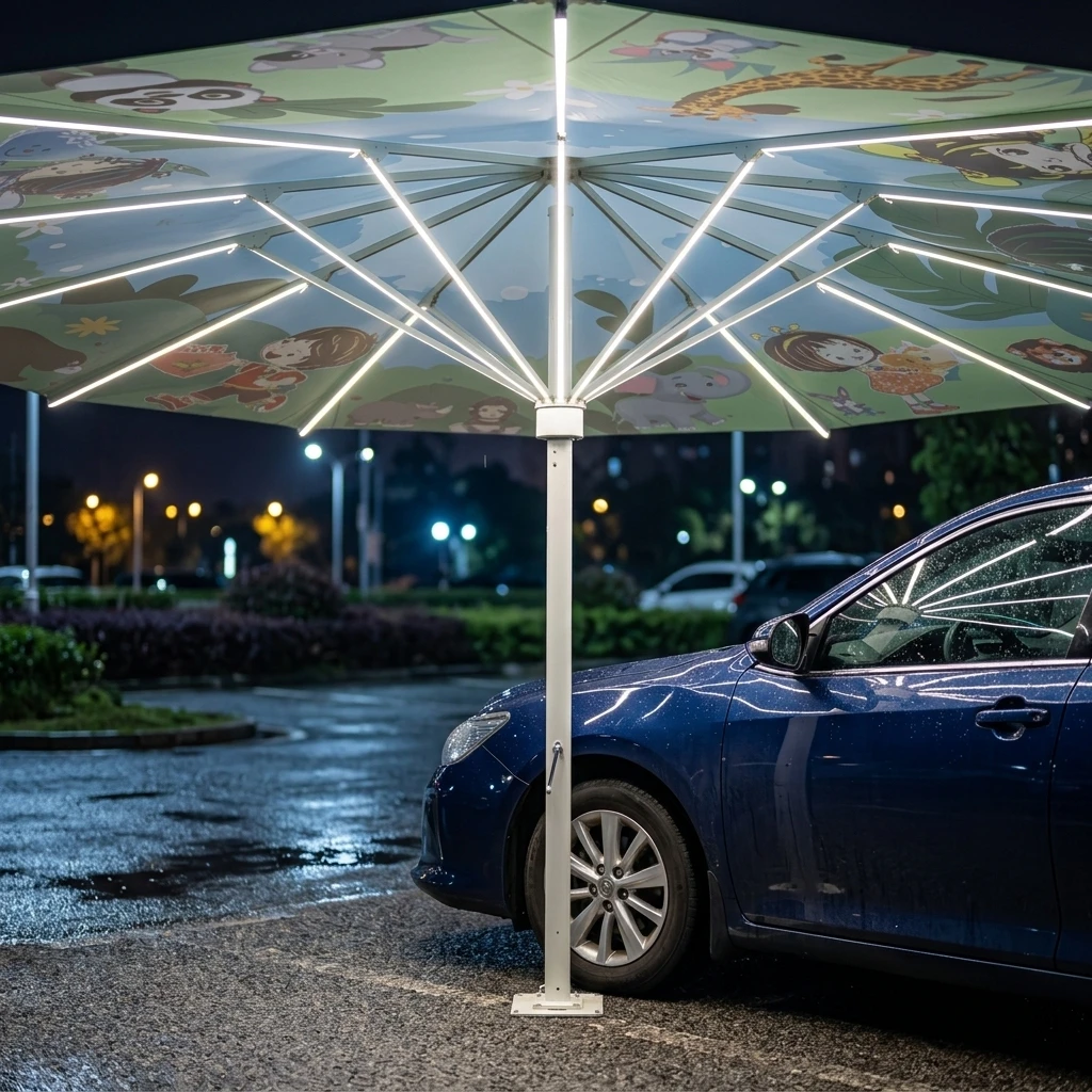 Reflective Trim Giant Electric Car Parking Umbrella UV Resistant Fabric Stainless Pole for Park Plaza Outdoor Parking Shade