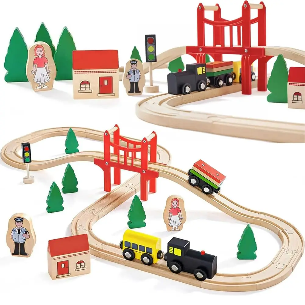 Wooden Train Set for Toddler, 39 Pcs Wooden Train Track Fits Thomas, Brio, Chuggington, Melissa and Doug - Expandable, Changeabl
