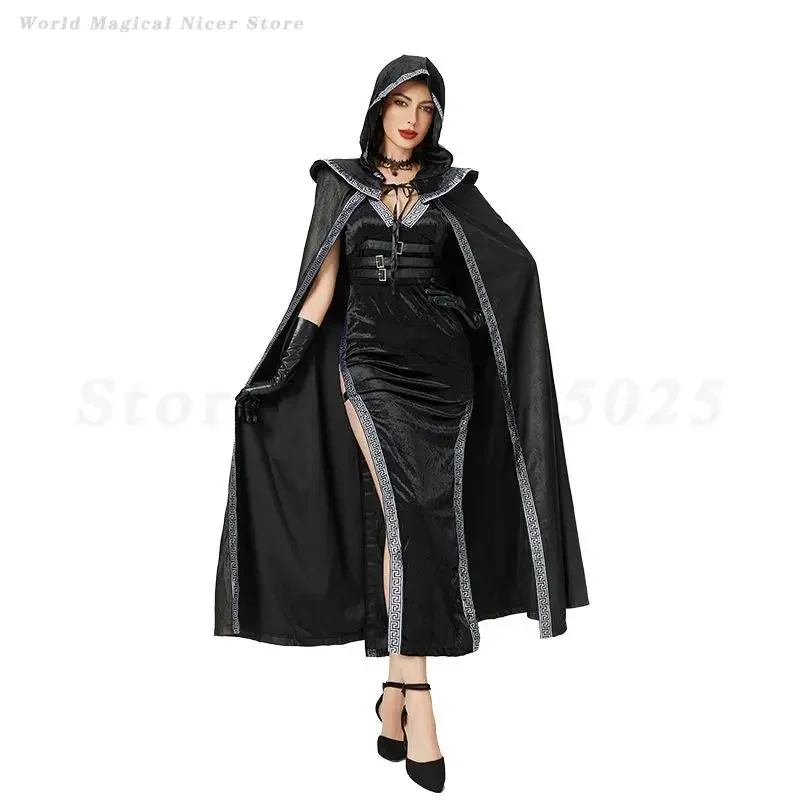 

Sexy Goth Velvet Sleeveless Dresses Women Adult Black Witch Dress Hooded Cloak Outfit Halloween Witch Cosplay Costume Vestido