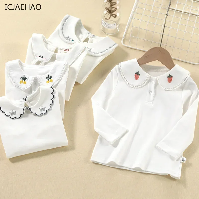 

2025 Kids Girls Cotton Autumn Winter Outfit Tops White Lapel Fleece-Lined Thickened Baby Children Base T-Shirt Clothes