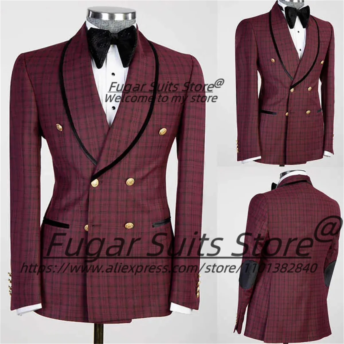 

Burgundy Business Plaid Men Suits Formal Slim Fit Shawl Lapel Groom Party Tuxedos 2 Pieces Sets Male Double Breasted Blazers
