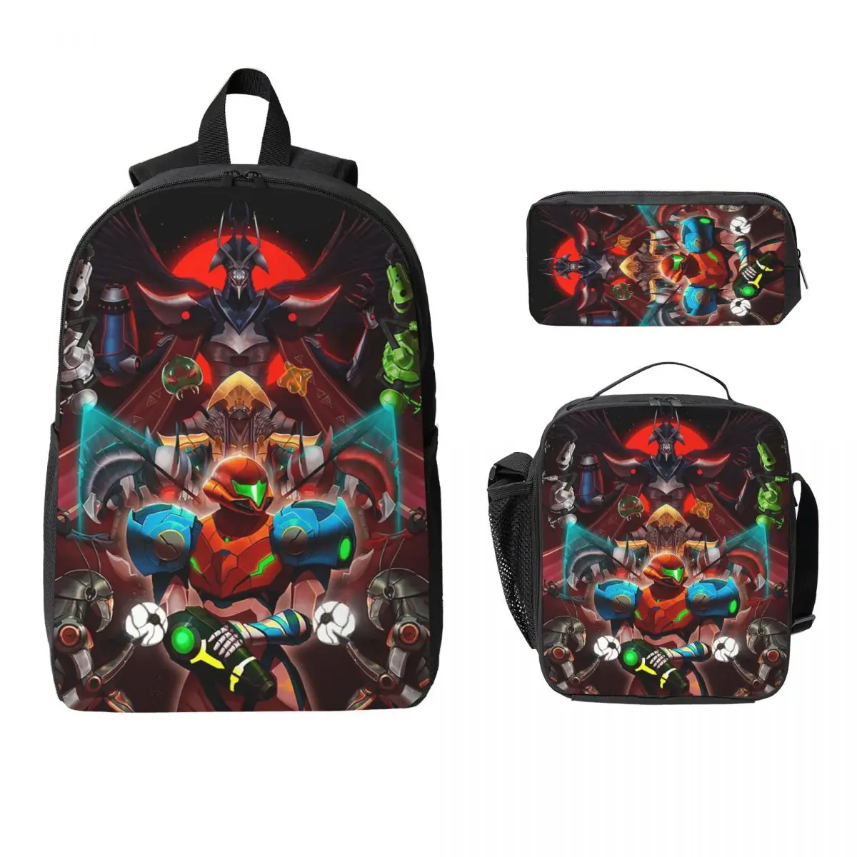 Metroid Dread Metroid Samus Aran Backpack Student Boy Girls BookBag School Bag Shoulder Bags 3ps Insulated Lunch Bag Pencil Case