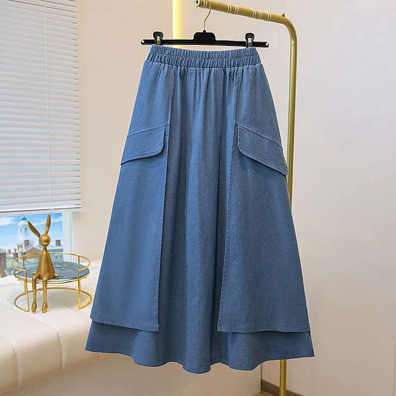 2024 Summer High Waist Mid Length A-Line Denim Skirt Women\'s Summer Thin