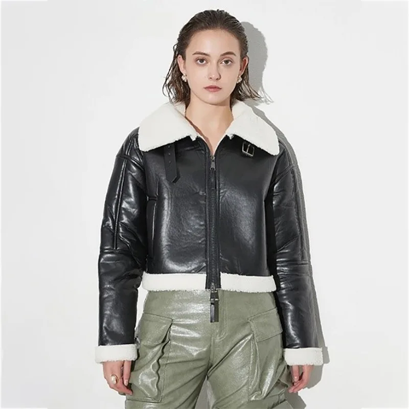 

Winter PU Lamb Hair Motorcycle Jackets Parka Women Lapel Slim Warm Jacket Female Double Zipper Thick Cotton Jacket Outwears Coat