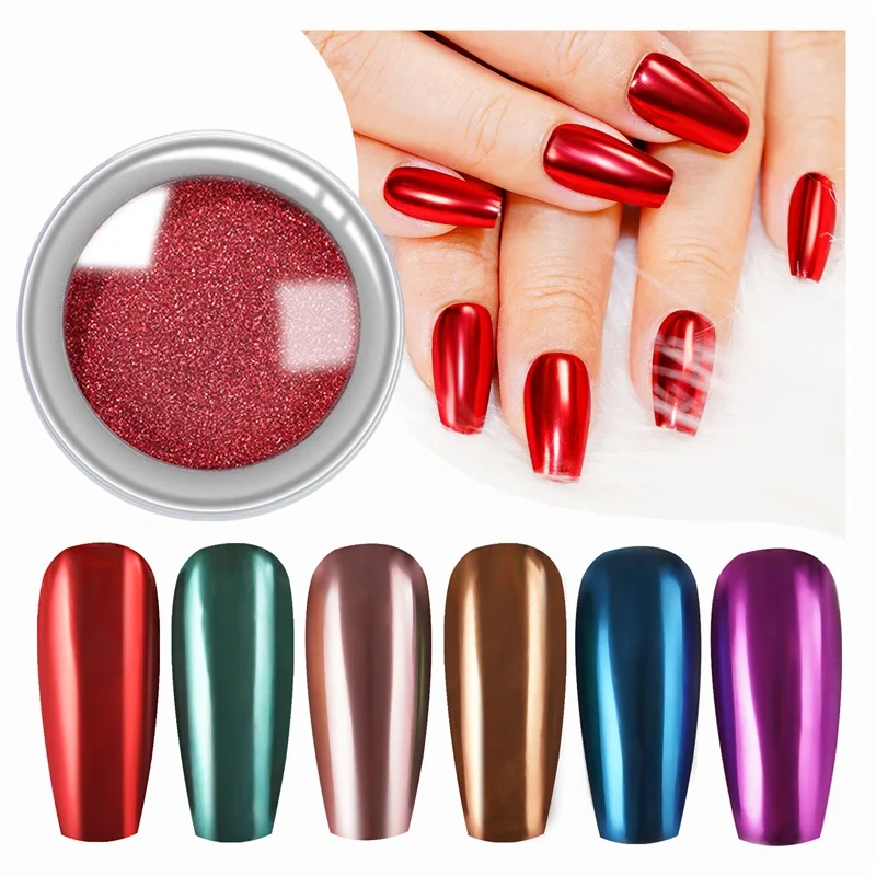 

HNDO 6 Colors Set Nail Mirror Chrome Powder Smooth Metallic Effect for Nail Art Rub Glitter Red Blue Green Shiny Pigment Dust