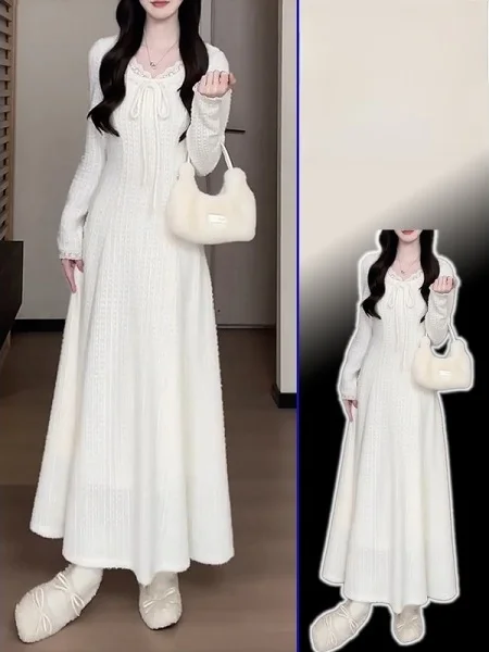 

Женское корейское трикотажное платье больших размеров с длинным рукавом, А-силуэт, повседневное, весеннее, модное, стройнящее