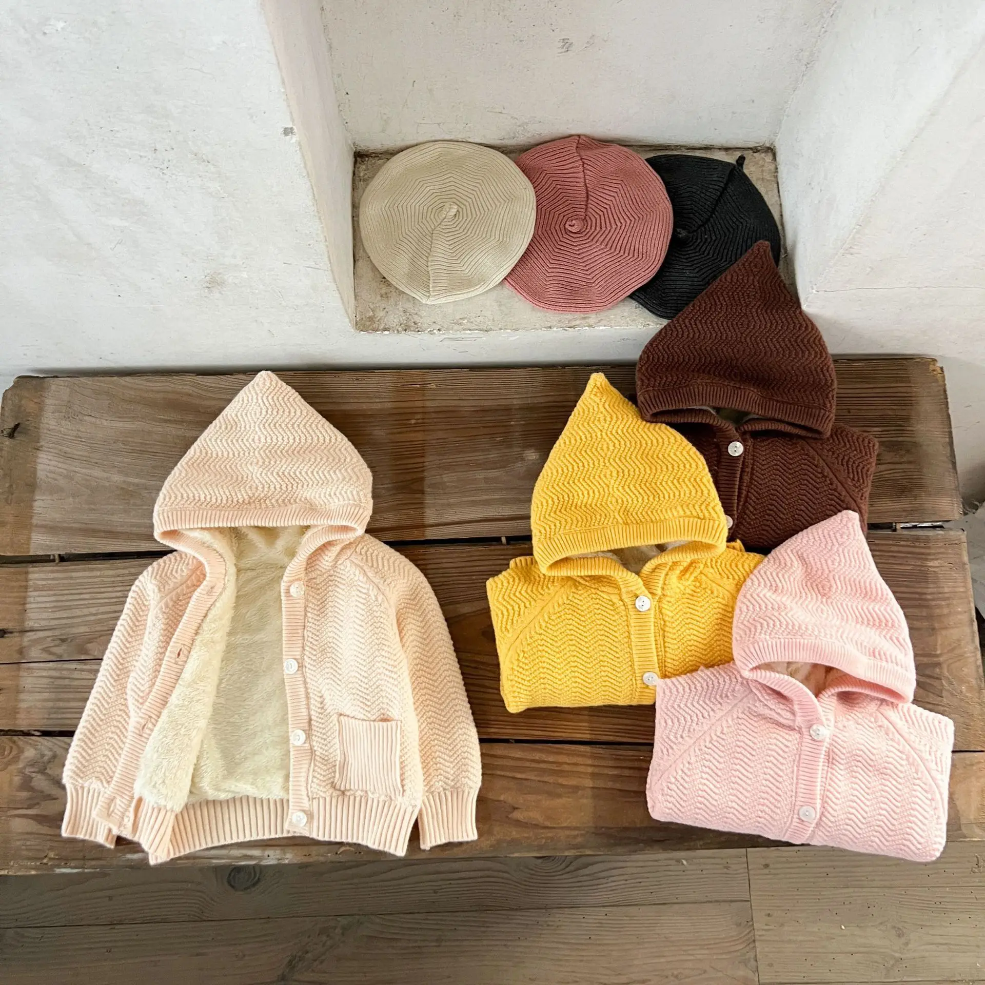 2026 Winter New Baby Fleece Hooded Knitted Cardigan Solid Girls Plus Velvet Thick Sweater Coat Infant Long Sleeve Warm Hoodie