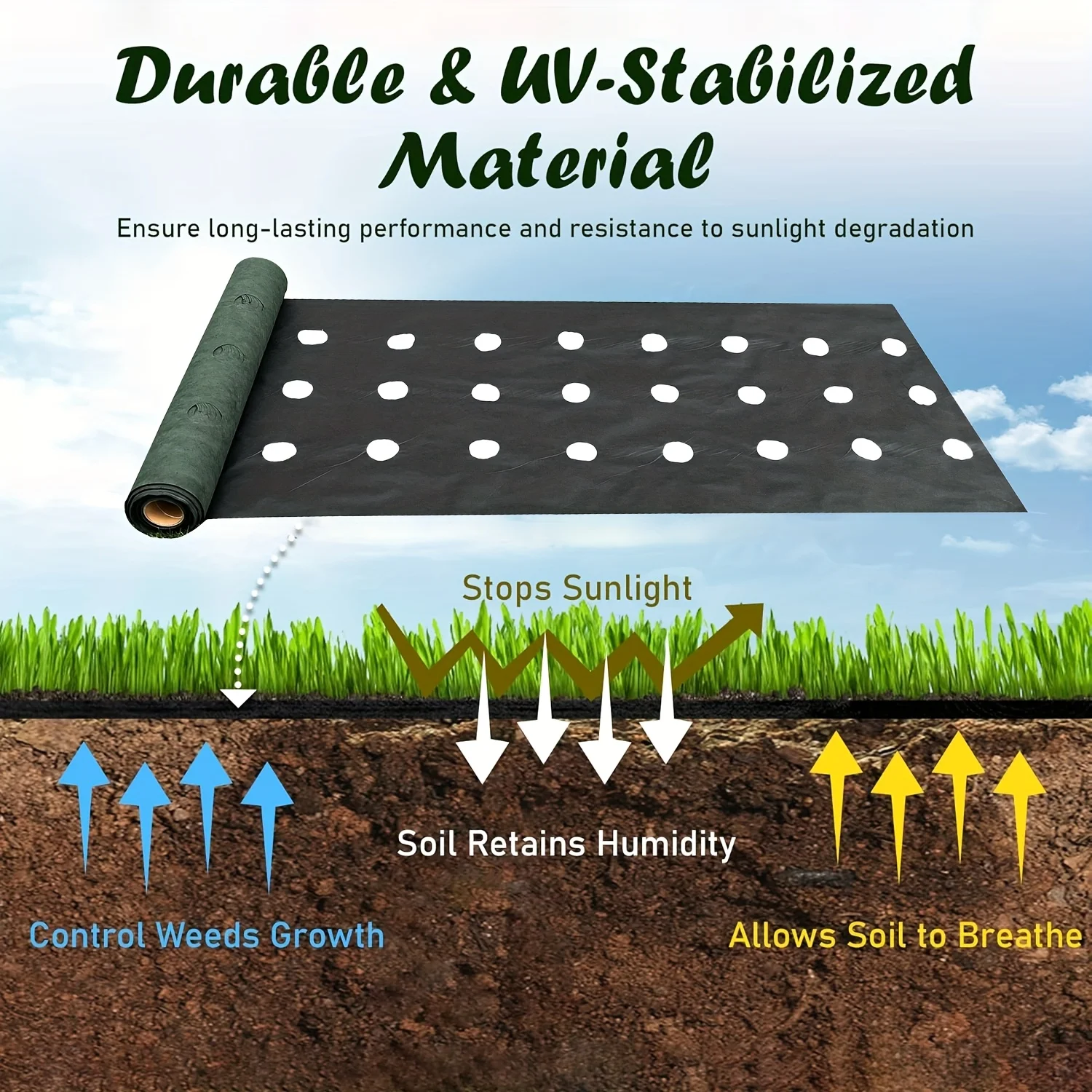 Green and Black Heavy-Duty Double-Layer Perforated Non-Woven Weed Control Fabric | 8 Cm Hole Diameter