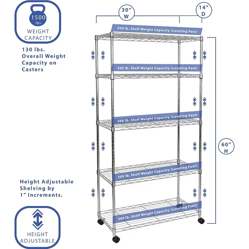 Seville Classics 5-Tier Wire Shelving with Wheels, 5-Tier, 30