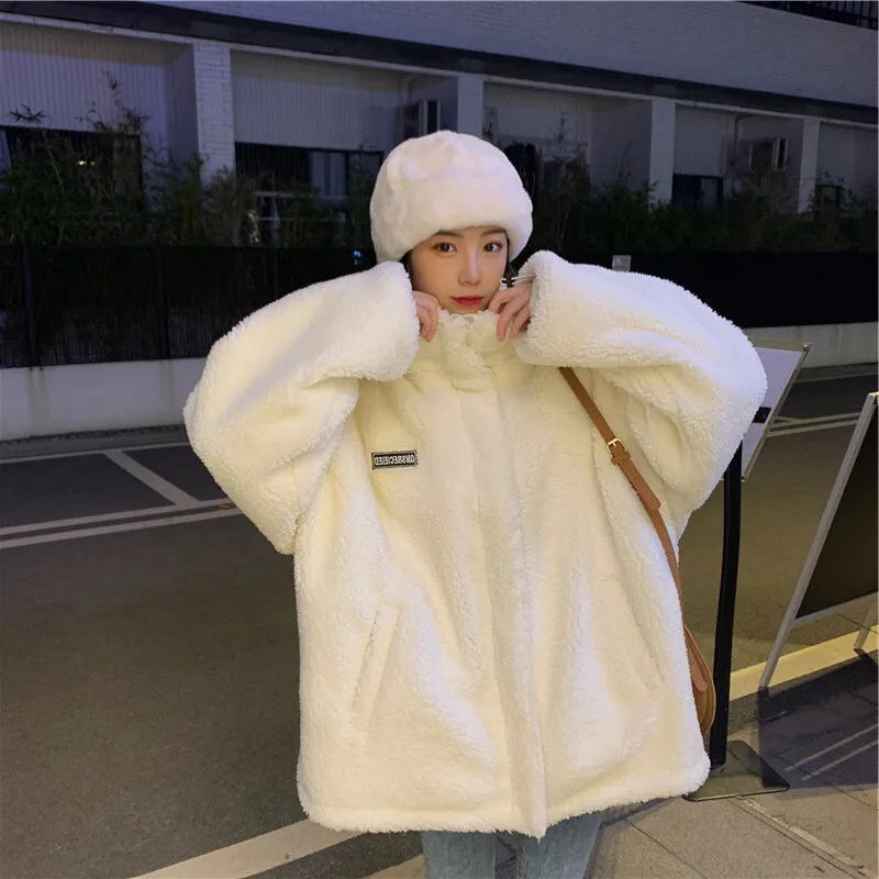 

400G Thick Large-Sized Zipper White Lambskin Jacket For Women's Autumn Winter Clothes, Small And Cute