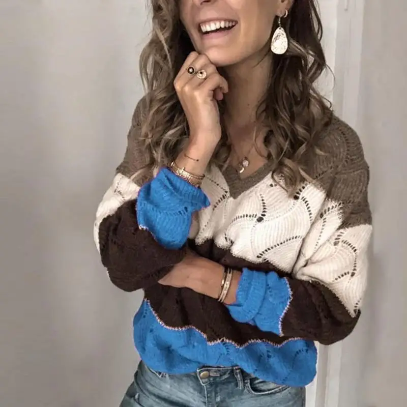 2025 Autumn/Winter New Women's Color blocked Design Warm Round Neck Long Sleeve Sweater Knitted Sweater Versatile Hoodie