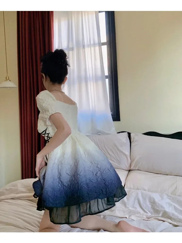 Kawaii Lolita Mini Jurk Vrouwen Zoete Gardient Kleur Boog Bladerdeeg Mouw Taille Een Lijn Prinses Jurken Fairy Party Vestidos