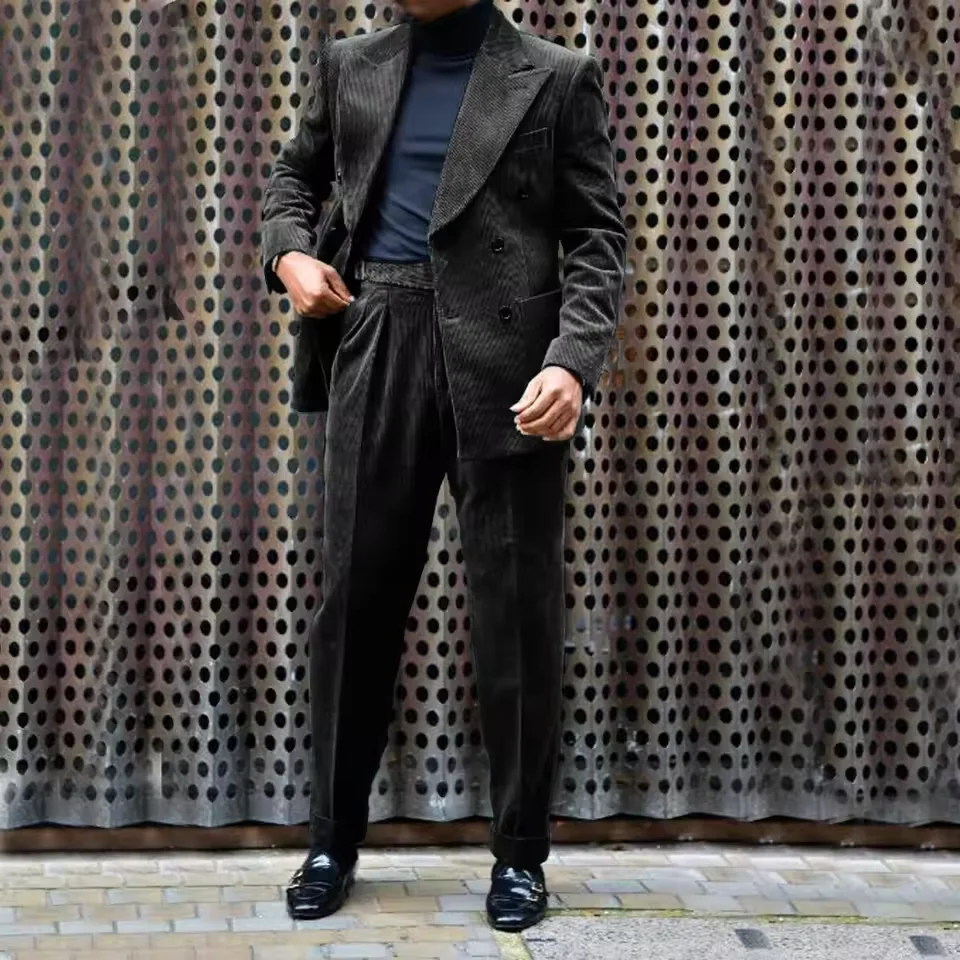 

Men's Corduroy Suit Double Breasted Gun Lapel 2 Piece Jacket + Pants Best Party Casual Men's Wedding Outfit Full Suit Hot Sale