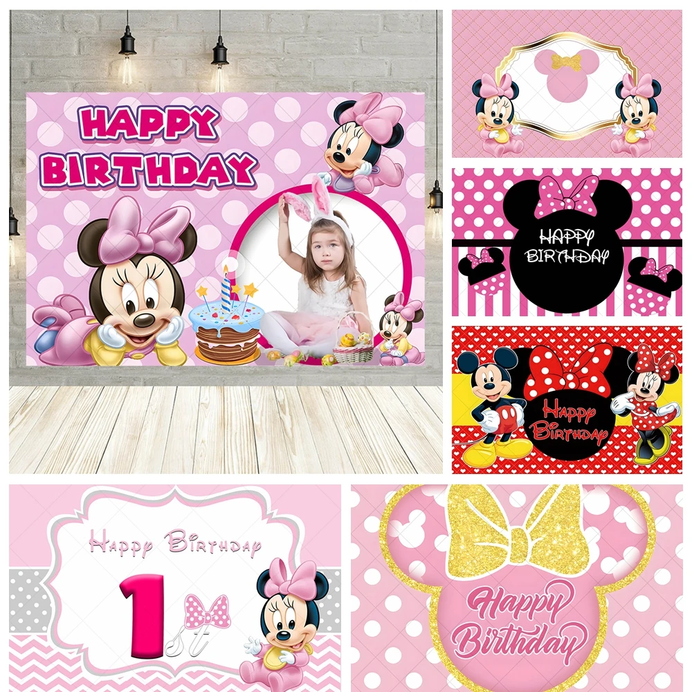 

Disney Mickey Minnie Mouse Pink Girls Gift Birthday Party Banner Backdrop Custom Child Room Photography Poster Decor Background