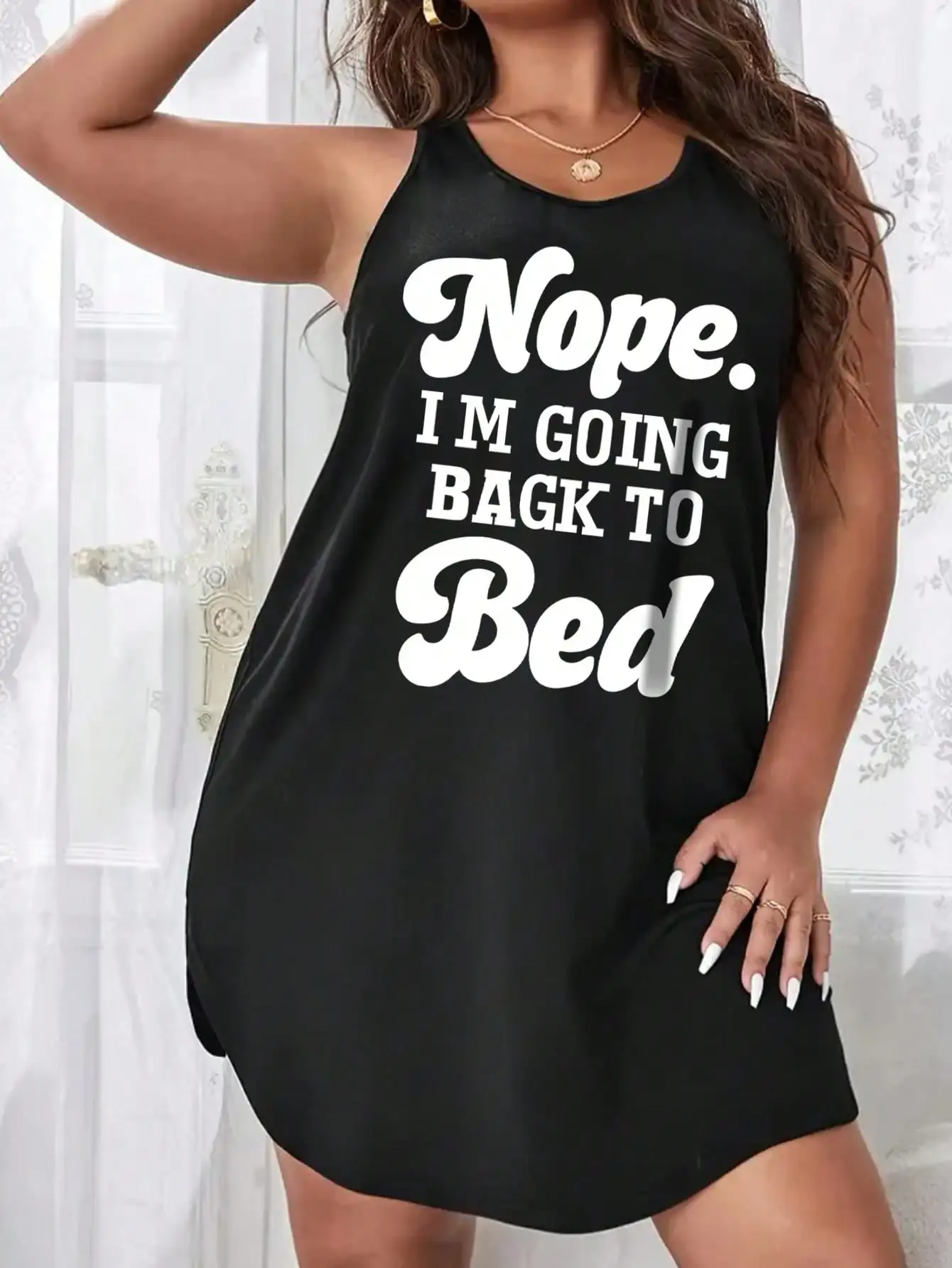 

Plus Size Women's Casual Sleep Dress with Funny Slogan Print, Loose Fit for Home Wear