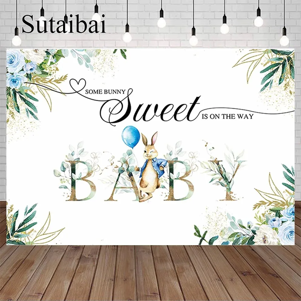 

Greenery Gold Some Bunny Sweet Is on The Way Backdrop for Kids Boy Spring Woodland Easter Rabbit Birthday Baby Shower Party