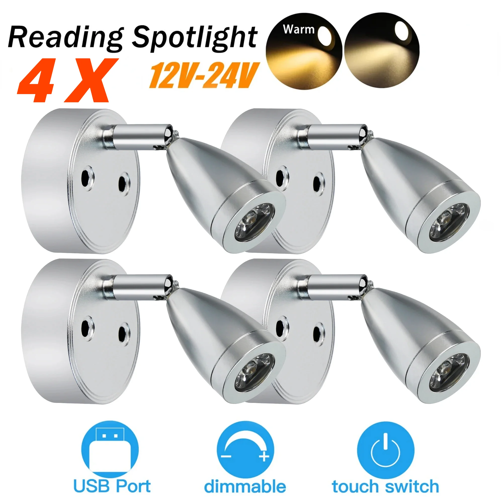 

4PCS Silver/Black DC 12-24V Car Interior Accessories LED Reading Car Spot Lights RV Boat Caravan Motorhome Bedside Wall Lamp