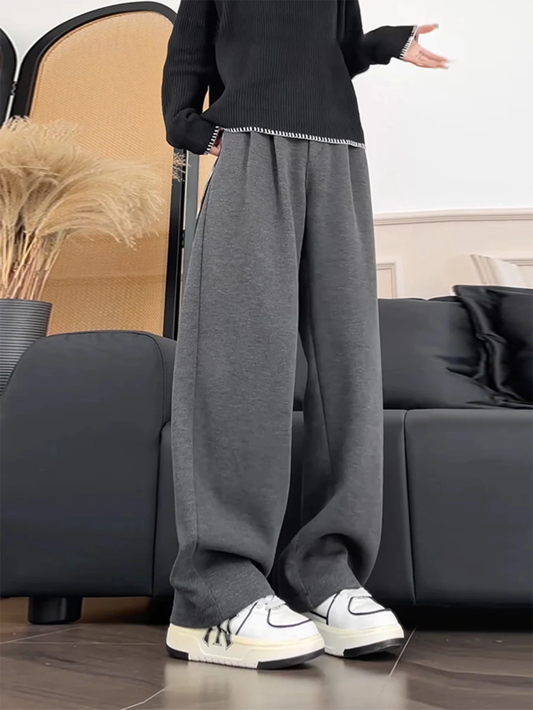 

Men's Winter Lazy Sle Fce Lined Wide Leg Pants Slant Pattern Loose Fit Casual Trousers Cleanfit Straight Cut mid Waist
