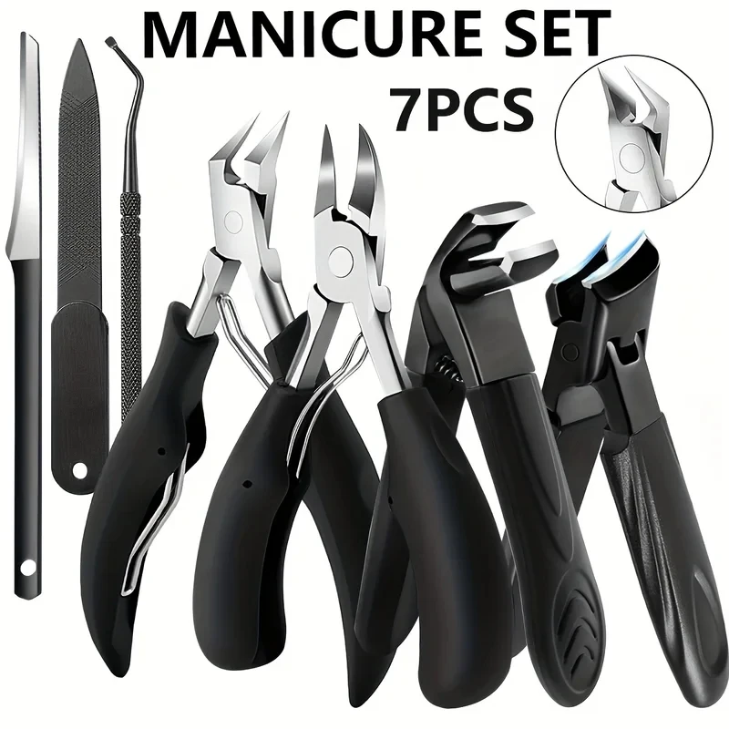 

7pcs Professional Toenail Clipper Set, Heavy Duty Ergonomic Pedicure Kit for Seniors, Thick Nails Angled Curved Blades Home Use